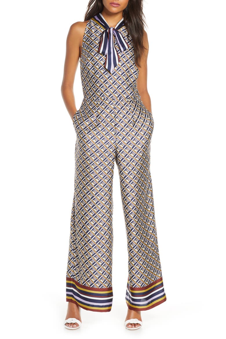 Tie Neck Wide Leg Jumpsuit, Main, color, NAVY MULTI