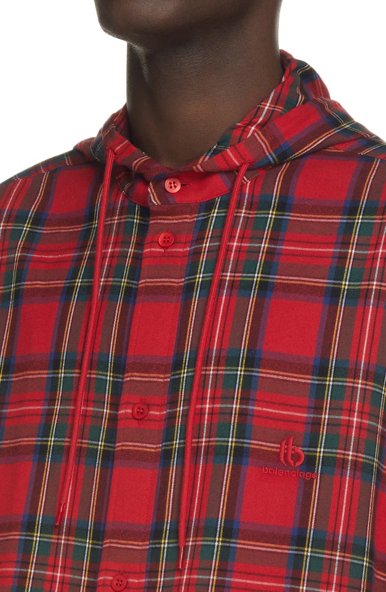 Balenciaga Plaid Hooded Flannel Button-Up Shirt, Alternate, color,