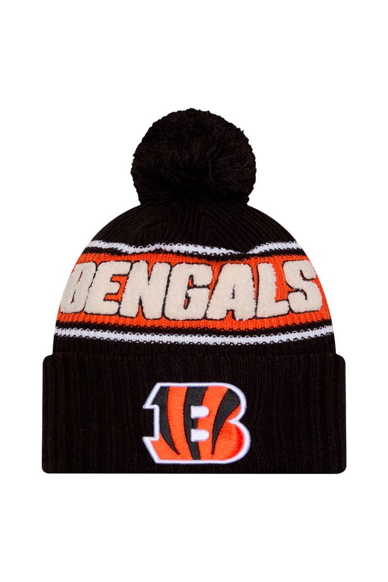 Men's New Era Black Cincinnati Bengals 2024 Sideline Cuffed Knit Hat with Pom, Main, color, Black