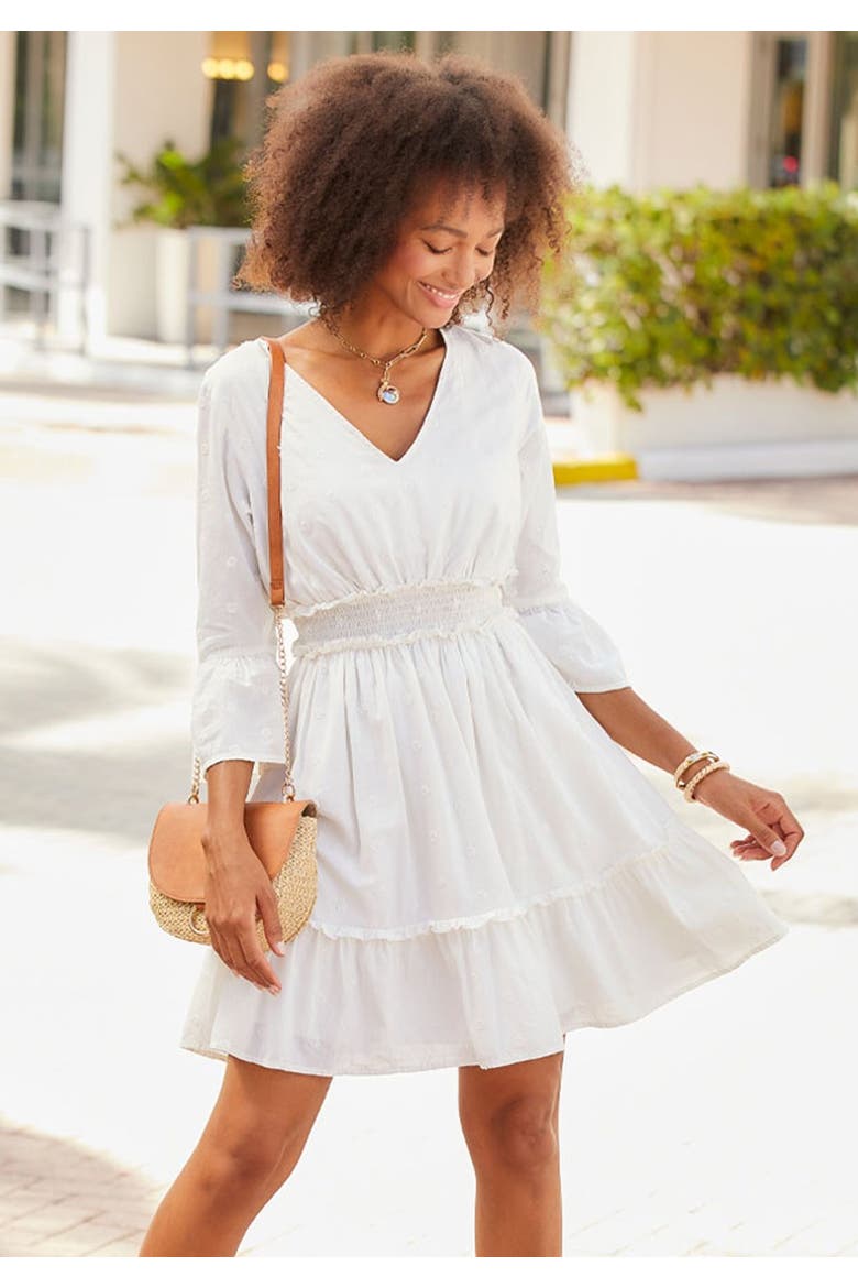 Eyelet Detail V-Neck Dress, Alternate, color, White