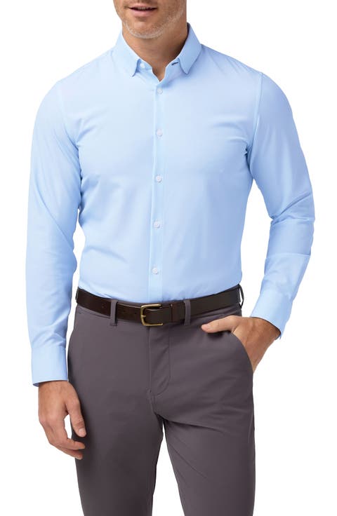 Leeward Trim Fit Light Blue Microdot Stretch Button-Up Shirt