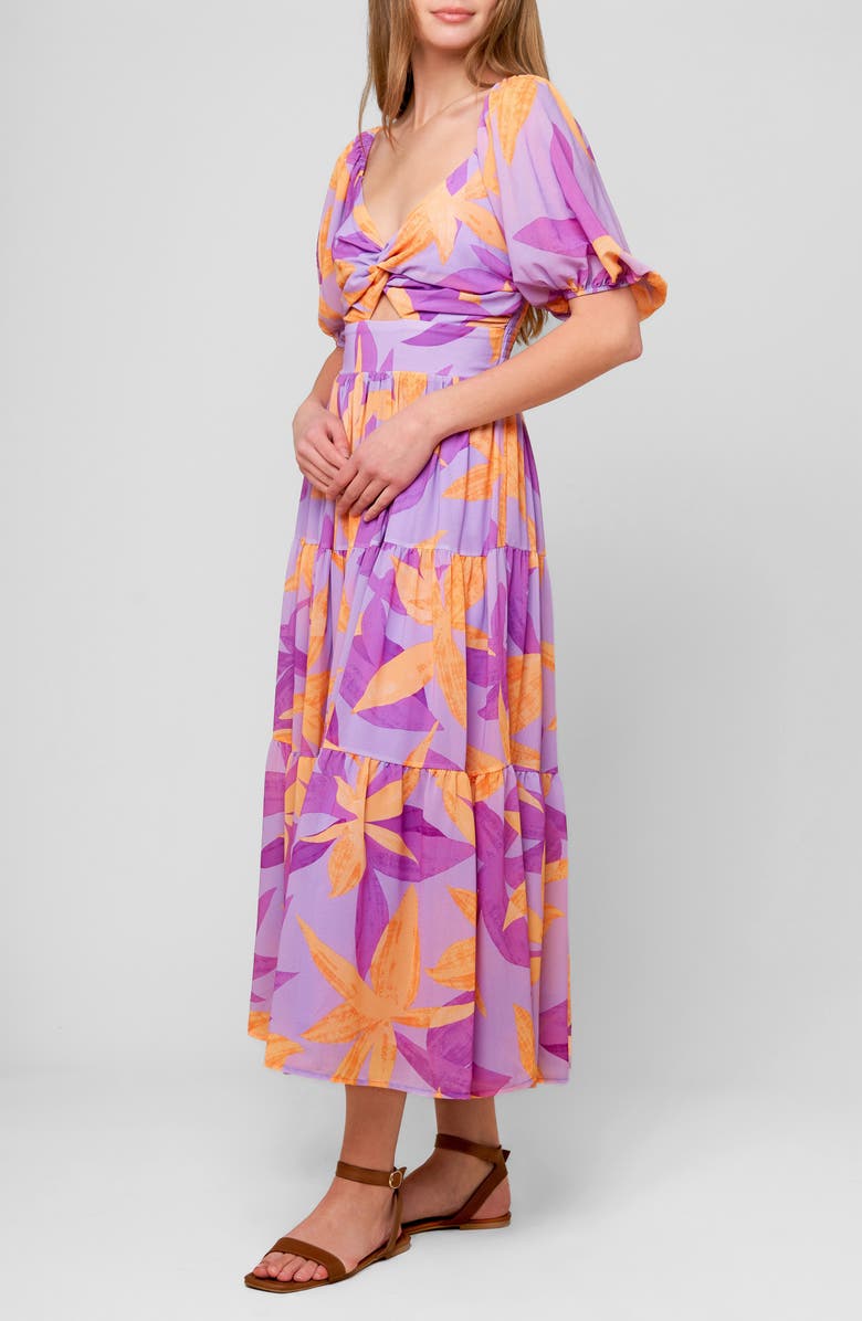 FLYING TOMATO Puff Sleeve Tiered Maxi Dress, Alternate, color, Lavender Orange