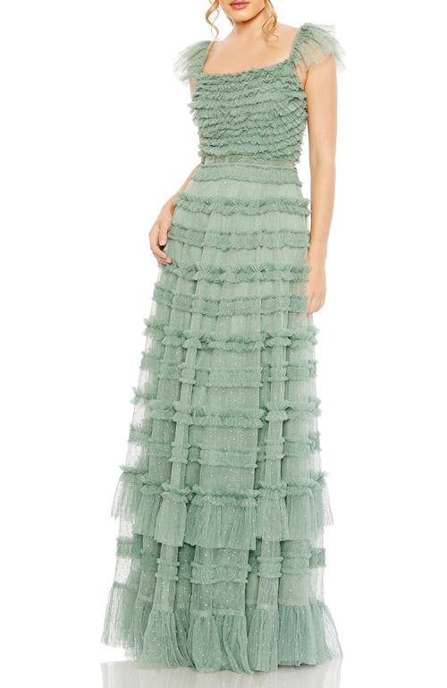 Mac Duggal Velvet Waist Ruffled Mesh Gown In Green