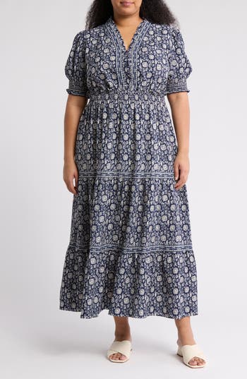 Max Studio Short Sleeve Tiered Maxi Dress In Blue