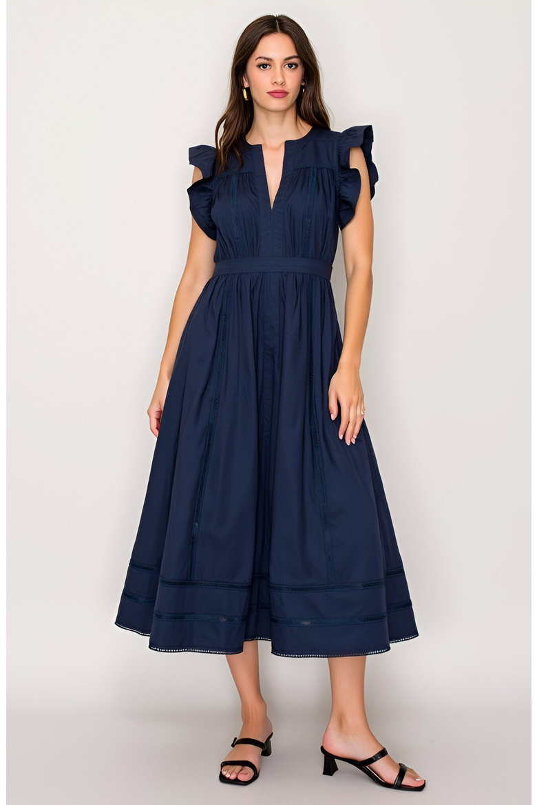 Flutter Sleeve Midi Dress with Deep V-Neckline and Tiered Skirt, Main, color, Navy Blue