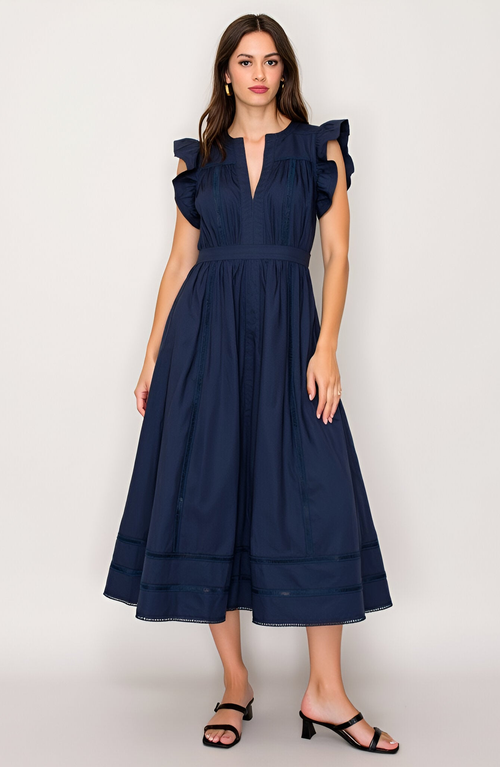 Modenaire Flutter Sleeve Midi Dress With Deep V-neckline And Tiered Skirt In Blue