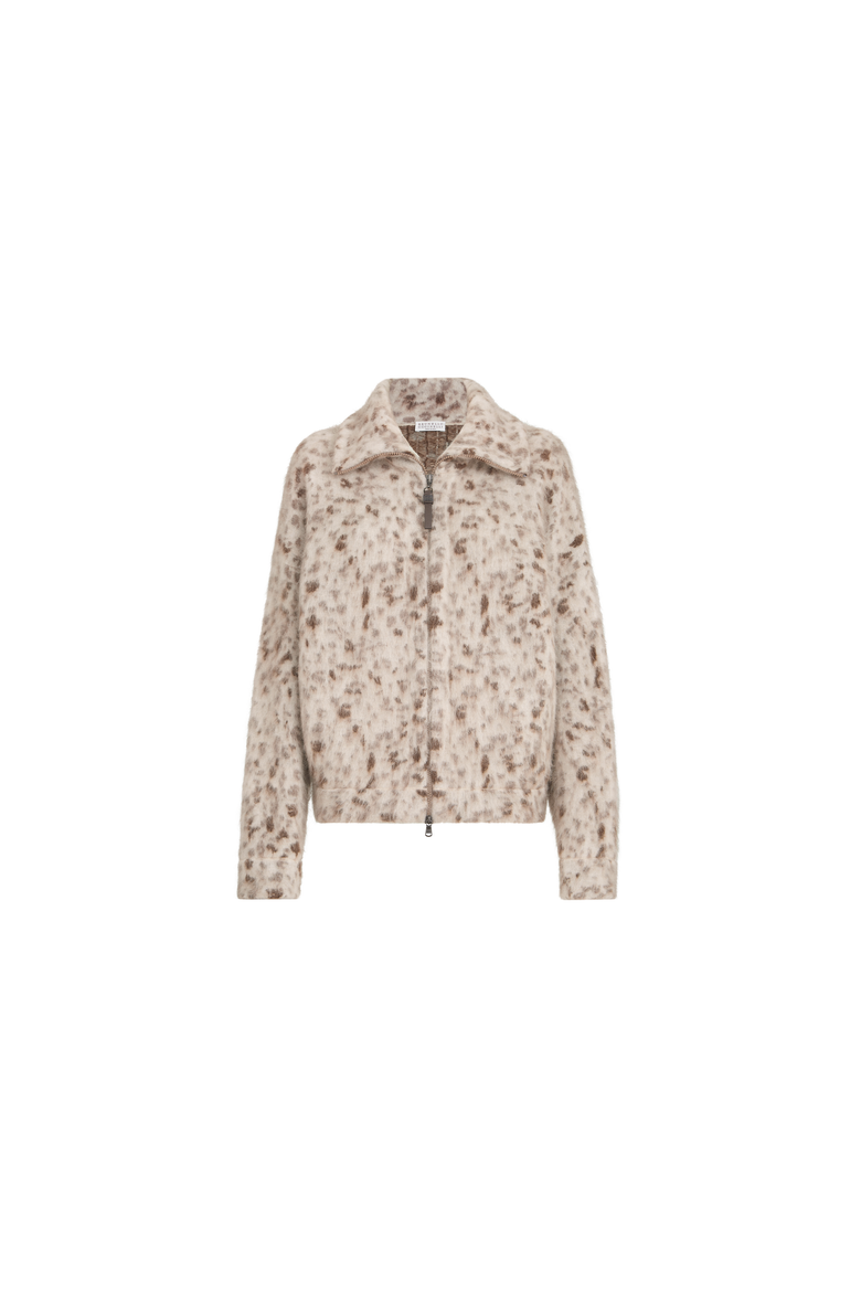 Lynx jacquard cardigan in mohair and wool with shiny zipper pull, Alternate, color, Buff