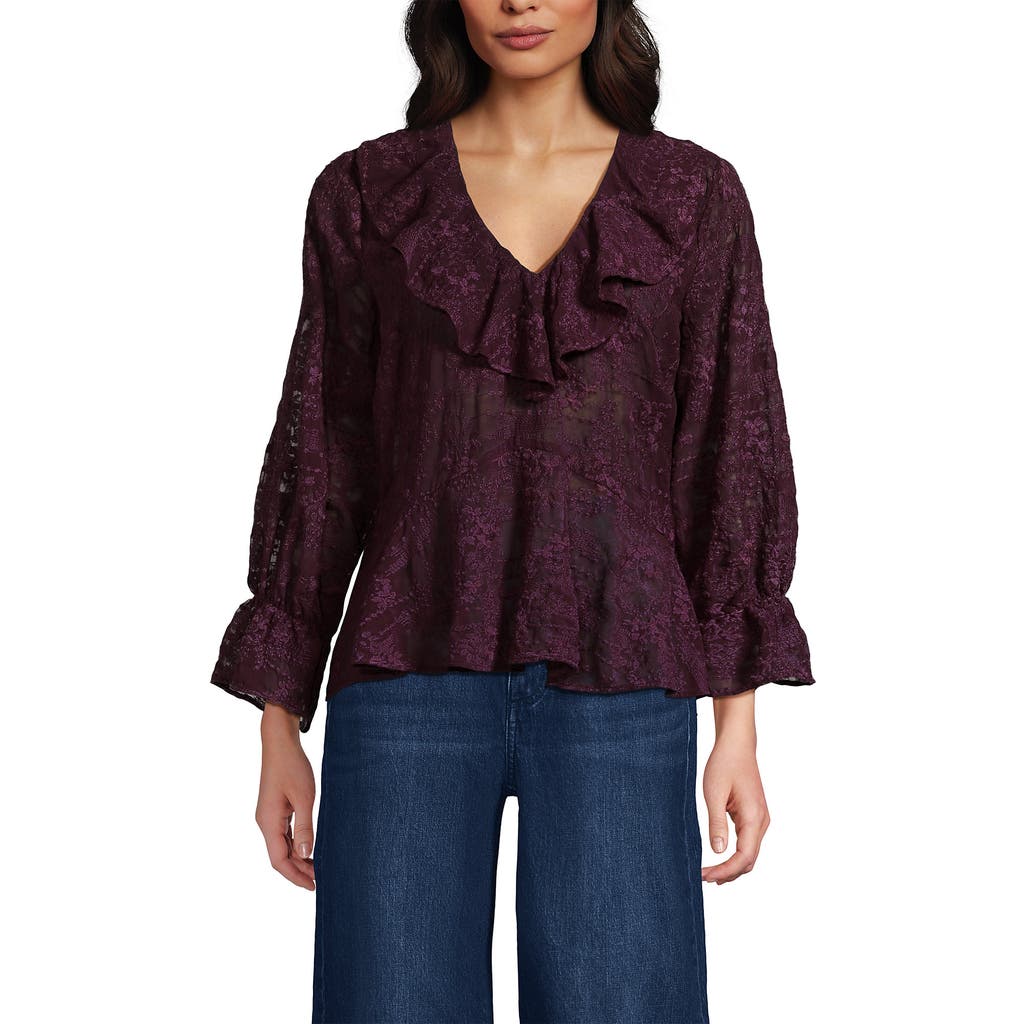 Lands' End Feminine Ruffle Chiffon V Neck Blouse In Multi