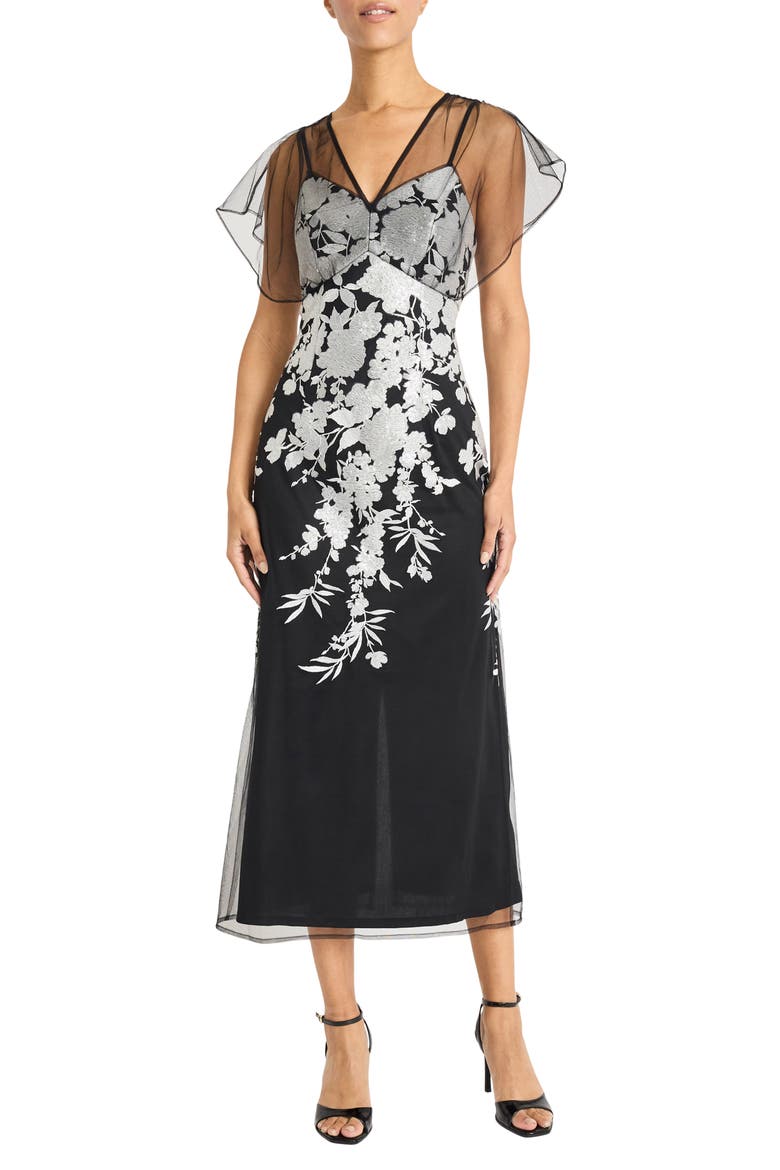 Illusion Embroidered Gown, Main, color, BLACK/ WHITE