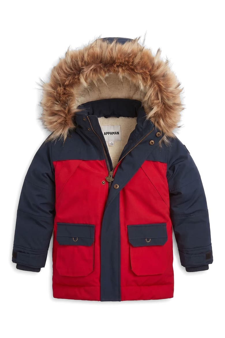 Kids' Denali Faux Fur Trim Coat, Main, color, NAVY CRIMSON