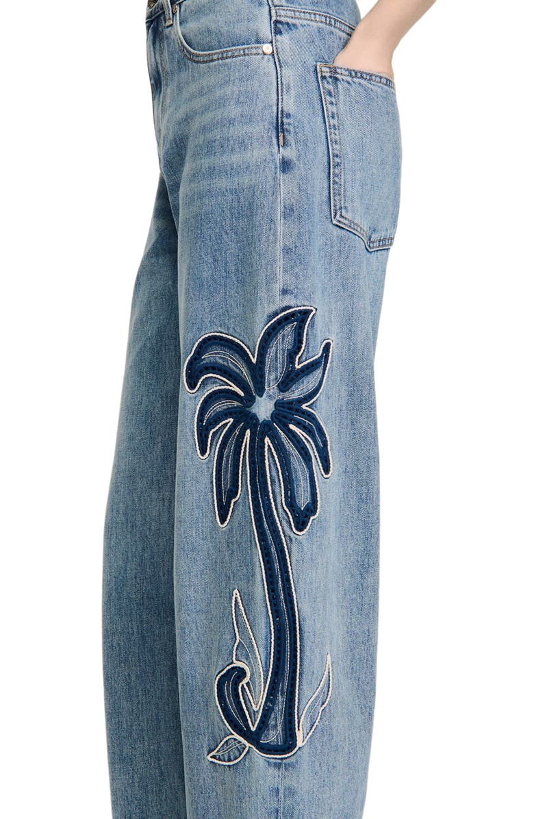 SANDRO Palm-embroidered wide barrel jeans, Alternate, color, Blue Jean