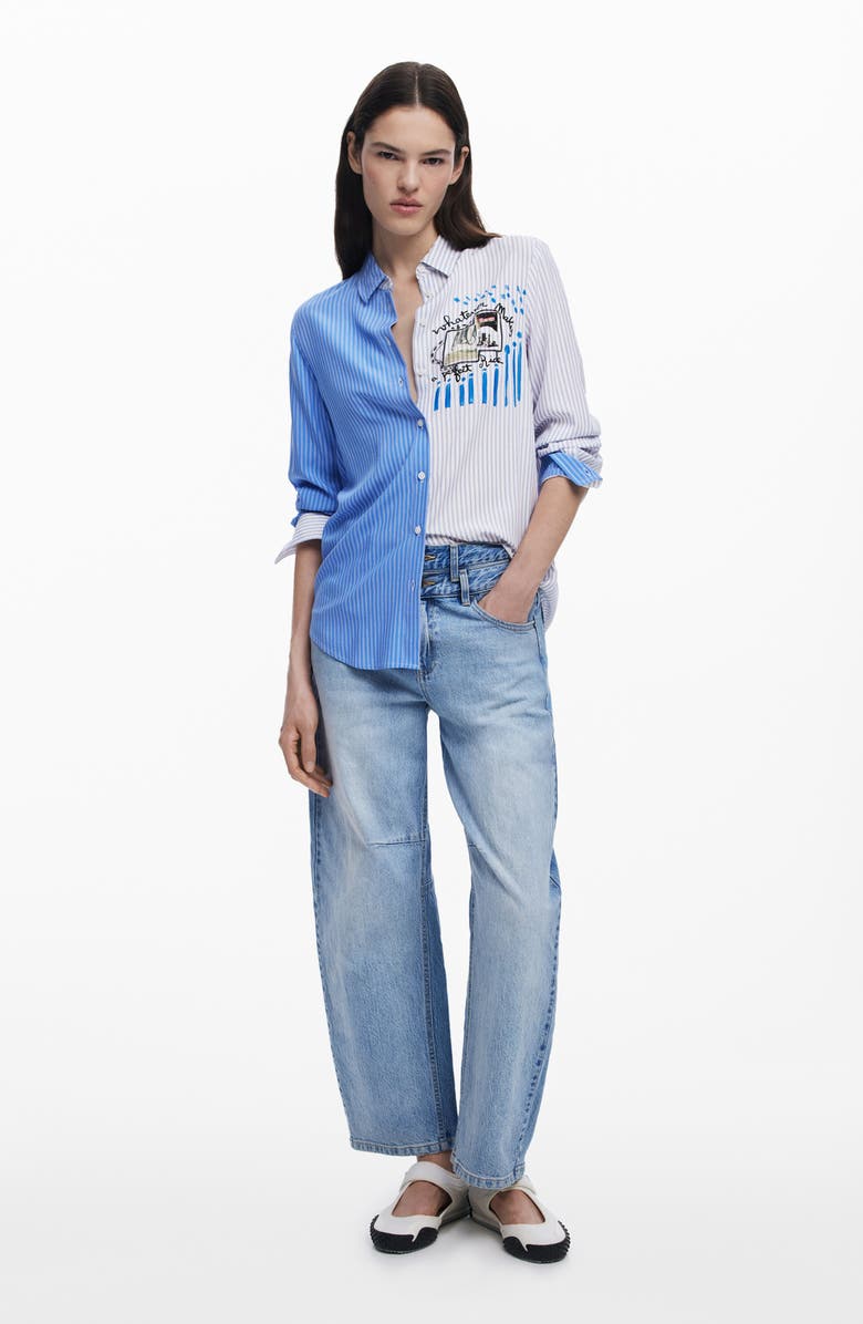 Desigual Colorblock Stripe Cotton Button-Up Shirt, Alternate, color, Light Blue