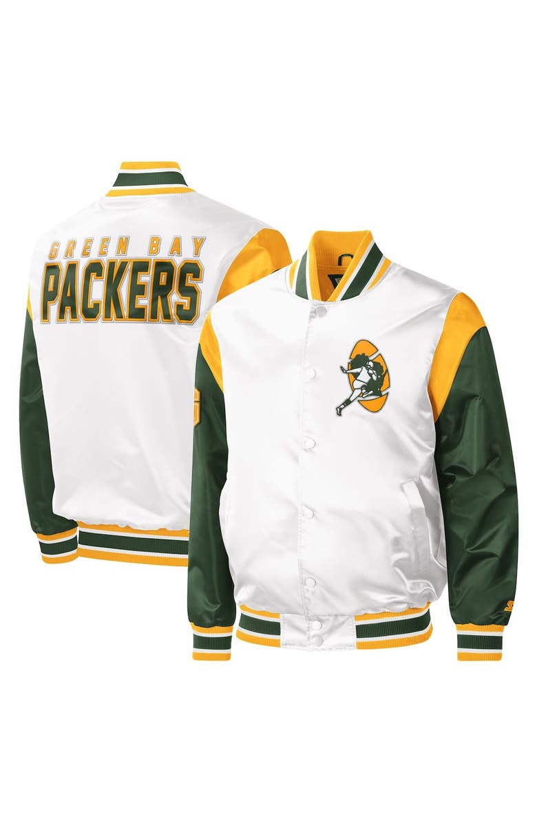 STARTER Men's Starter White Green Bay Packers Throwback Warm Up Pitch Satin Full-Snap Varsity Jacket, Main, color,