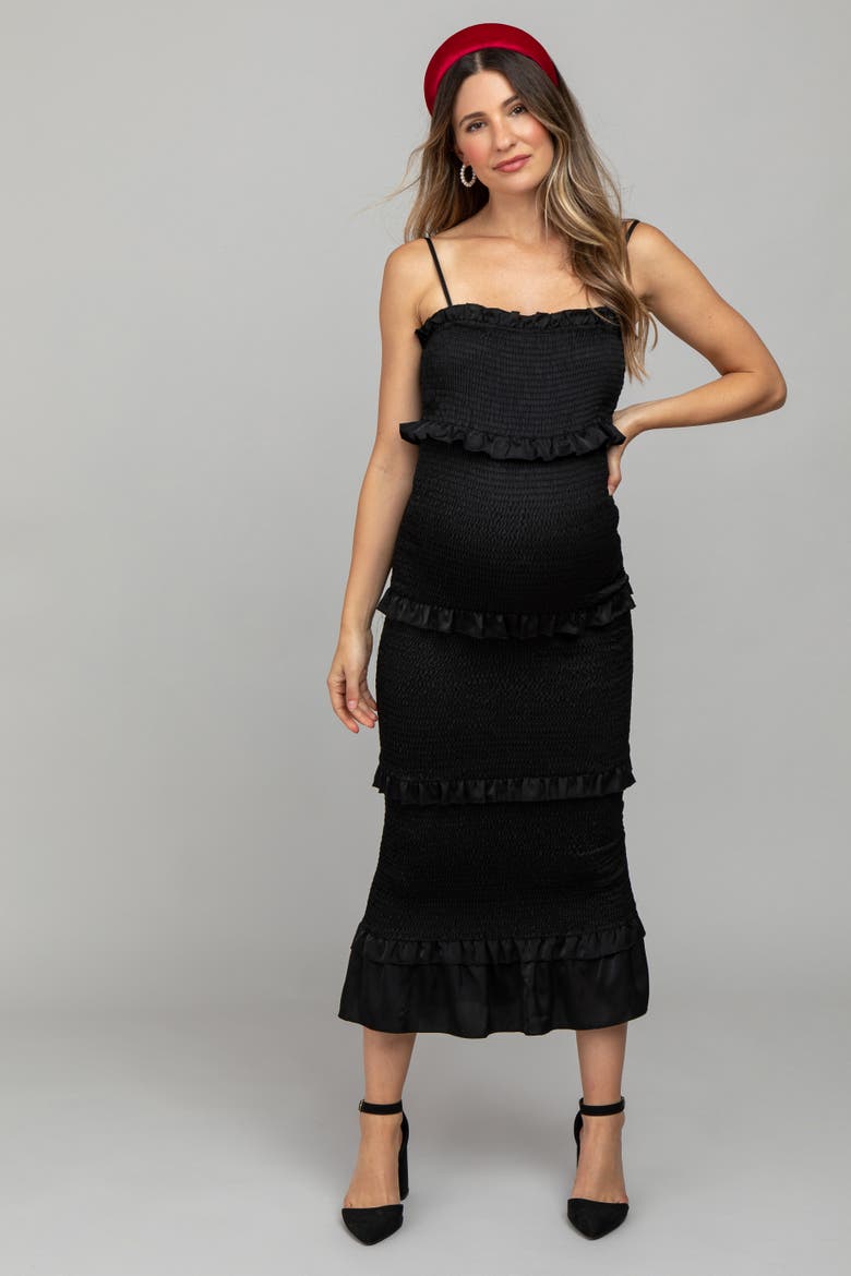 Satin Smocked Fitted Maxi Dress, Alternate, color, Black