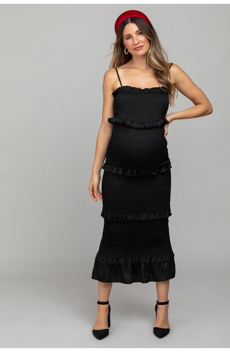 PinkBlush Satin Smocked Fitted Maxi Dress, Alternate, color, Black