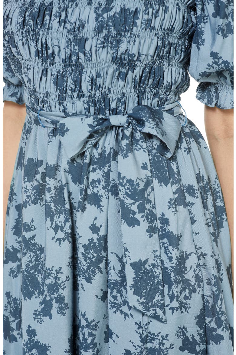 Shiloh Floral Print Smocked Bodice Fit & Flare Dress, Alternate, color, BLUE FOX/ RETRO BLUE