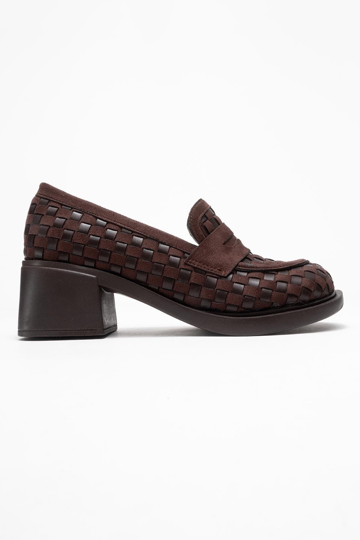 Prologue Shoes Marlon Woven Block Heel Loafer, Alternate, color, Brown Faux Leather