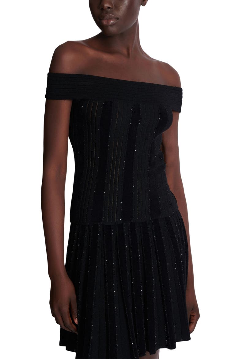 Off-the-shoulder glitter knit top, Alternate, color, black