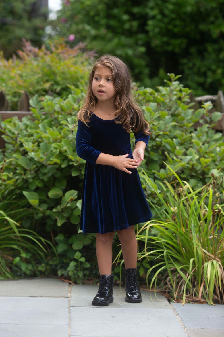 Girls Stretch Velvet Twirly Dress, Alternate, color, Navy