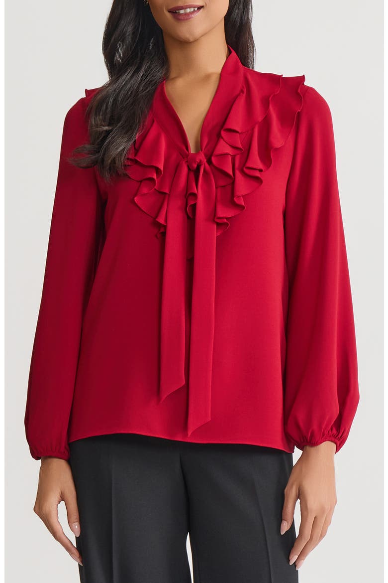 Ruffle Trim Tie Front Crepe Top, Main, color, FIRE RED