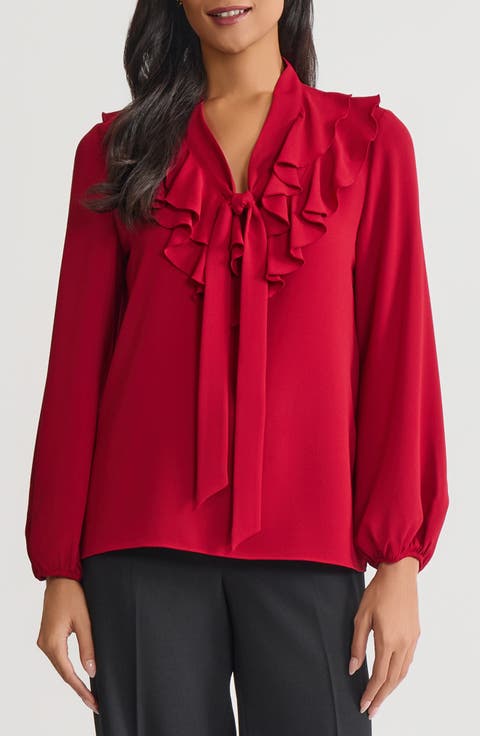 KASPER Ruffle Trim Tie Front Crepe Top