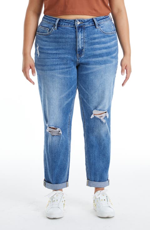 High Rise Distressed Relaxed Boyfriend Jeans (Plus)