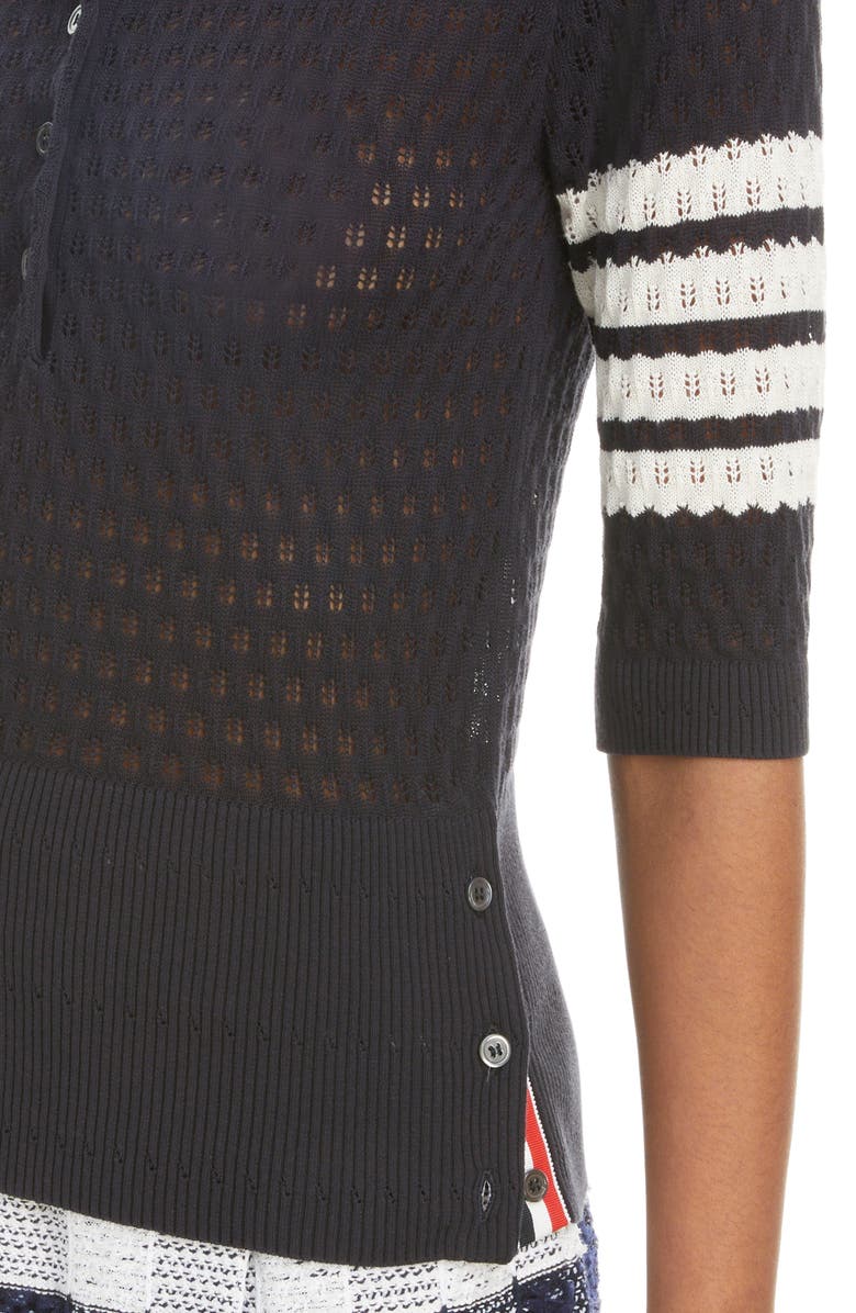 Thom Browne 4-Bar Pointelle Cotton & Silk Polo, Alternate, color, 
