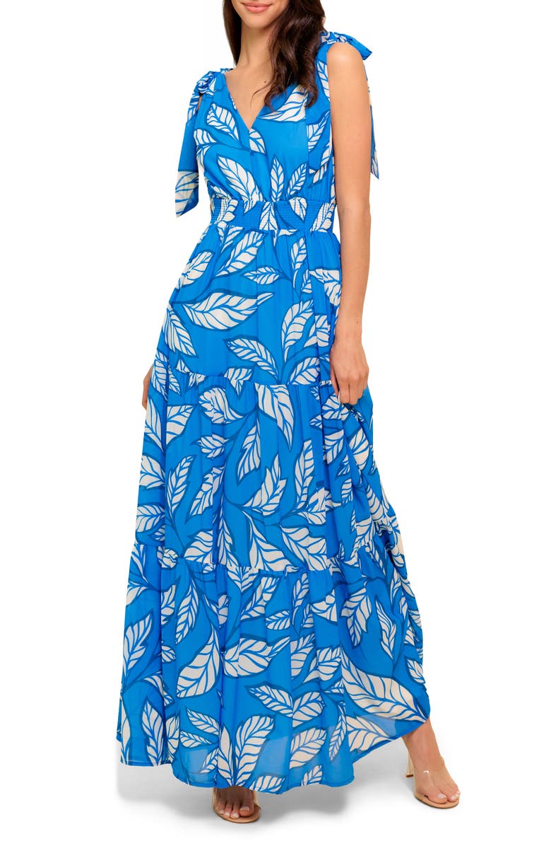 FLYING TOMATO Leaf Print Tie Strap Tiered Maxi Dress, Main, color, Blue/ Ivory