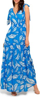 FLYING TOMATO Leaf Print Tie Strap Tiered Maxi Dress