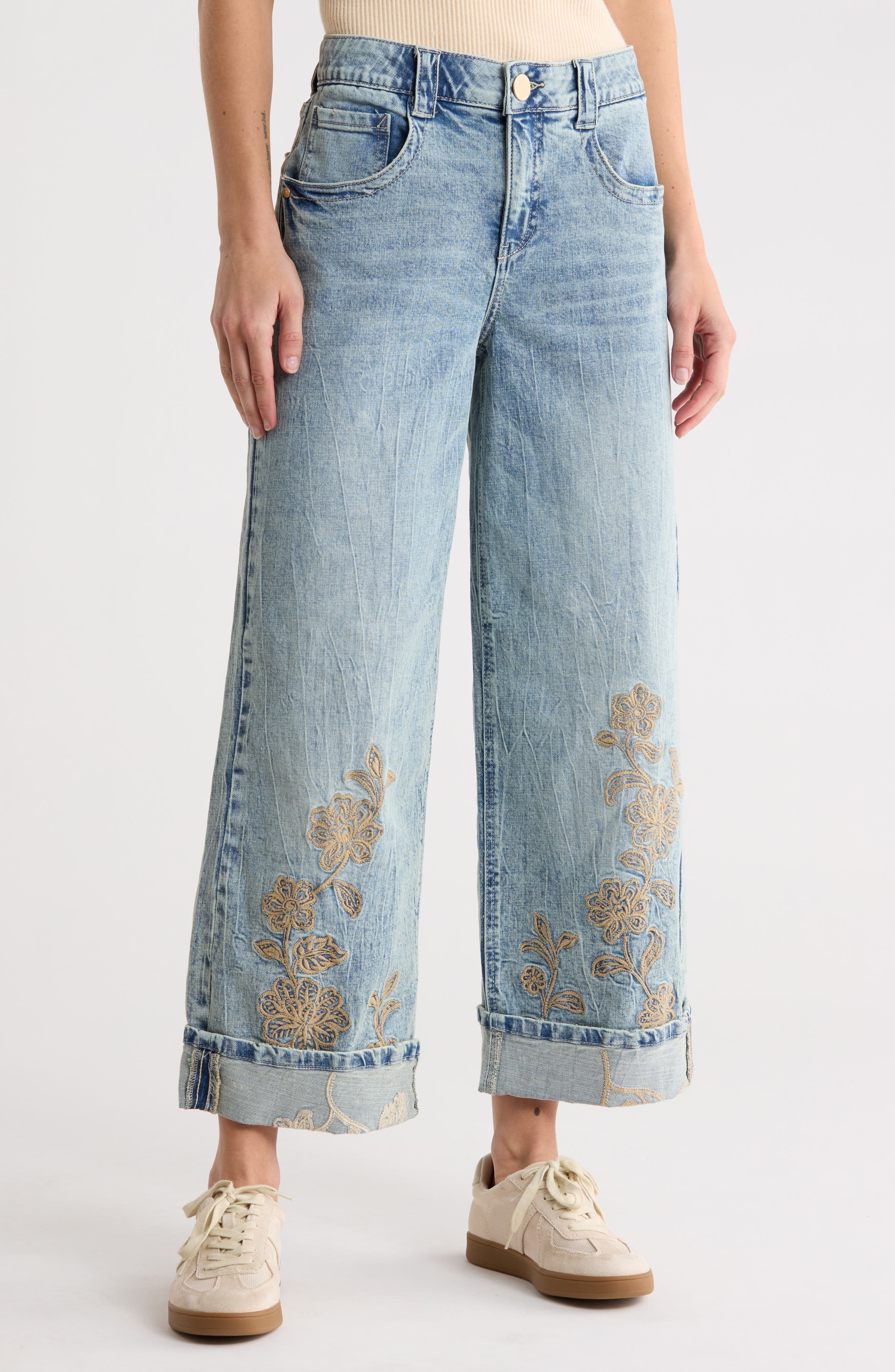 Democracy Floral Embroidered Cuffed Wide Leg Jeans