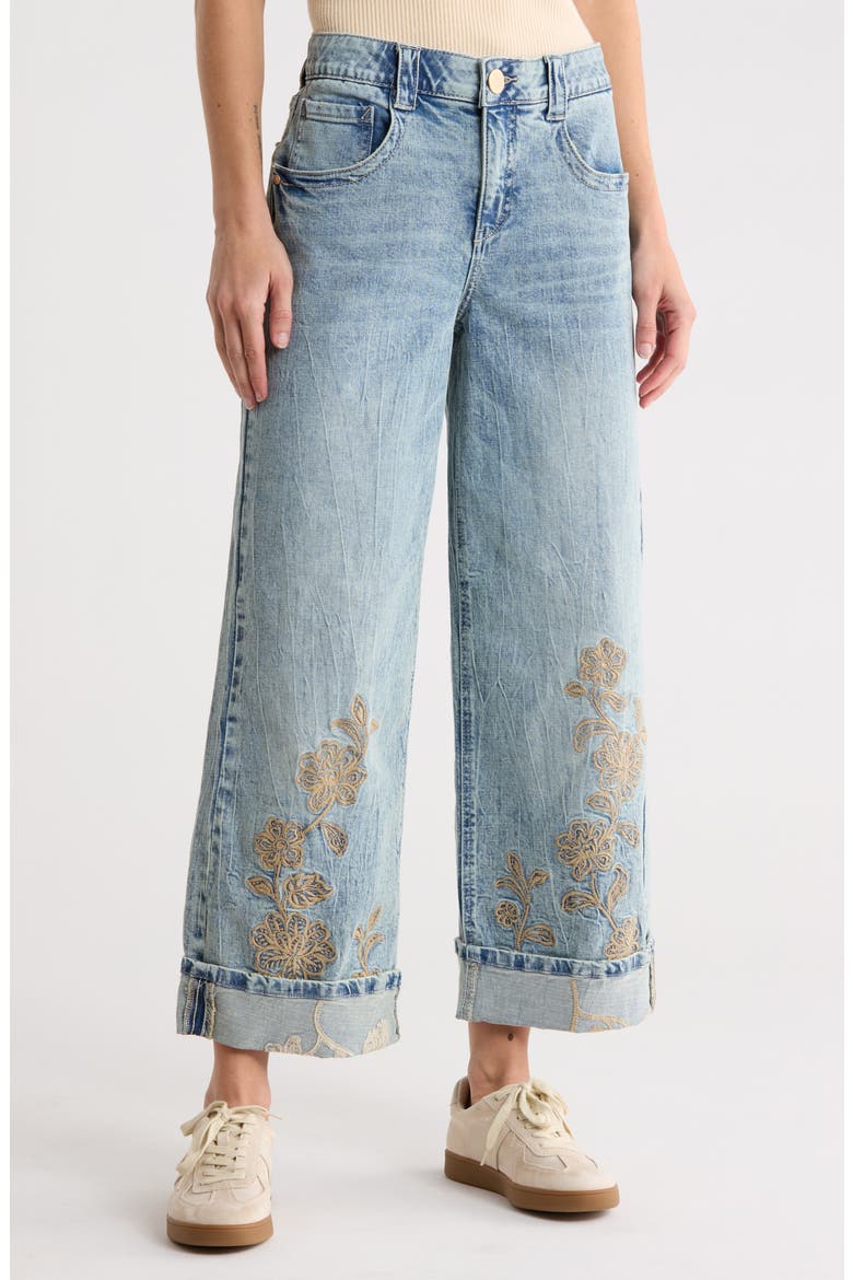 Floral Embroidered Cuffed Wide Leg Jeans, Main, color, LIGHT BLUE ARTISANAL