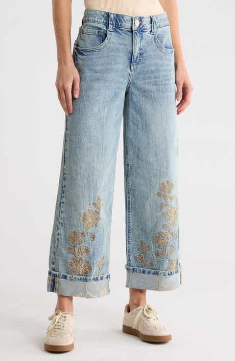 Democracy Floral Embroidered Cuffed Wide Leg Jeans