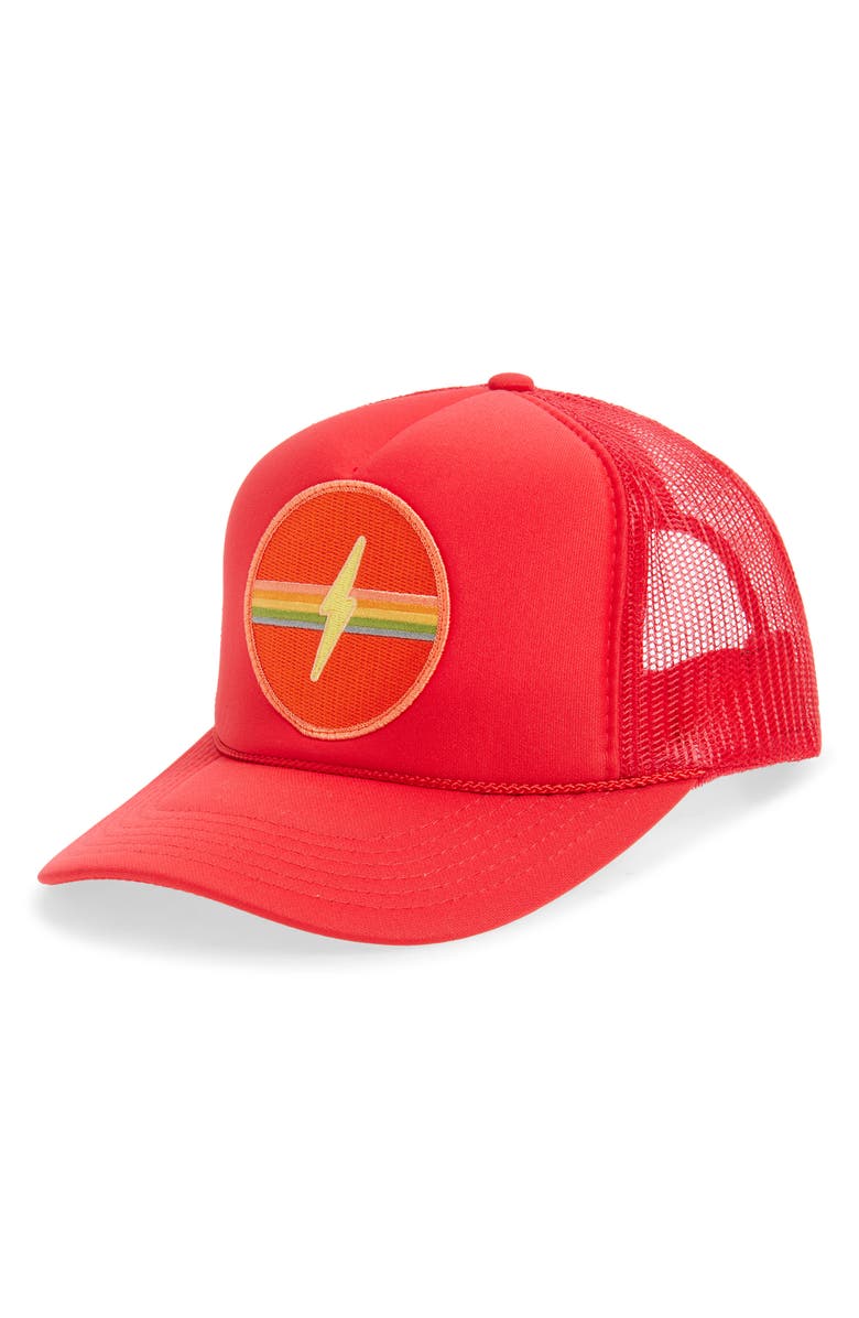 Friday Feelin’ Electric Rainbow Trucker Hat, Main, color, Red