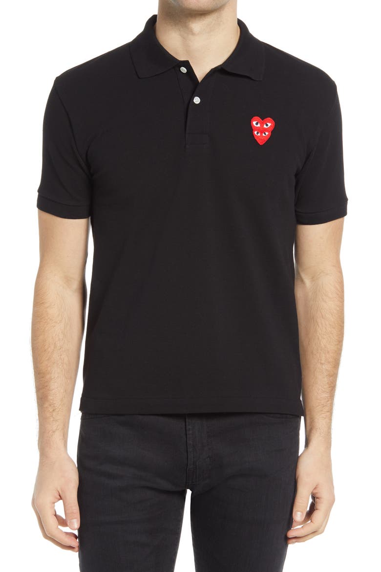 Layered Hearts Short Sleeve Appliqué Polo, Main, color, BLACK