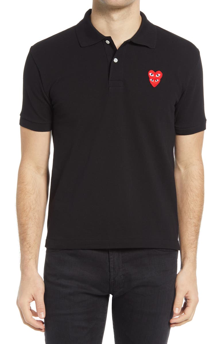 Comme des Garçons PLAY Layered Hearts Short Sleeve Appliqué Polo, Main, color,