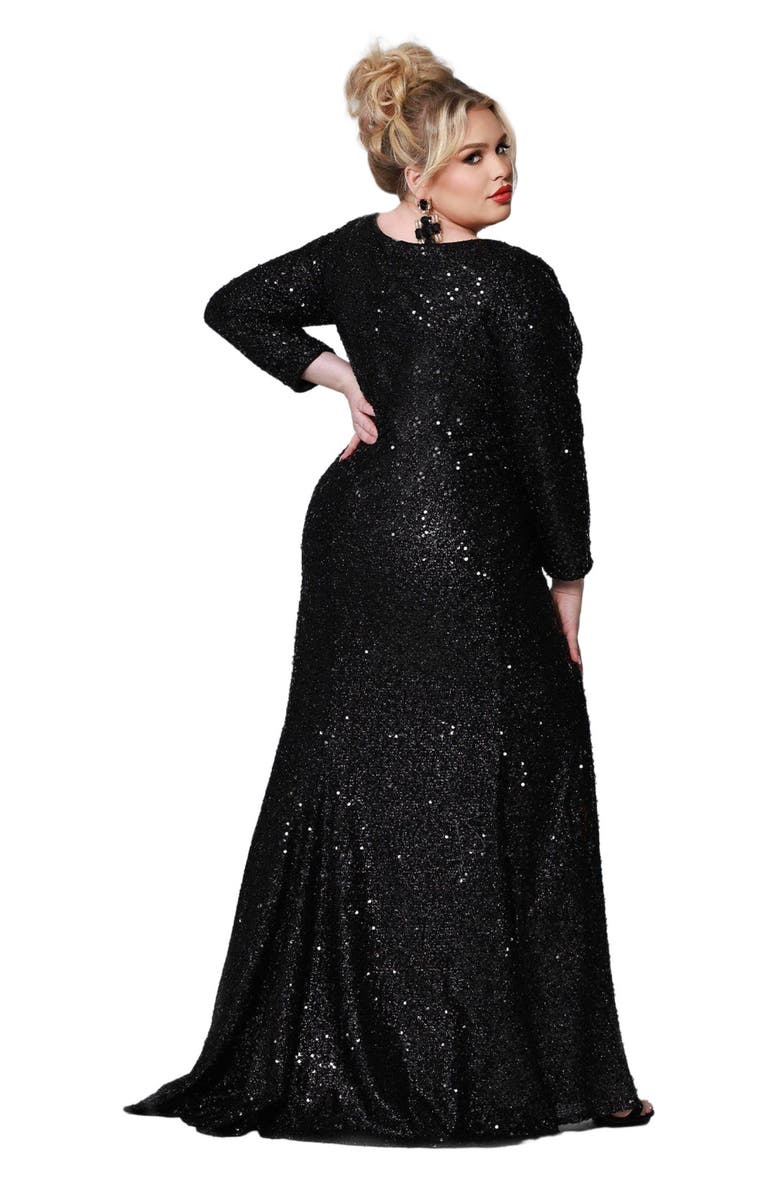 Sydney's Closet Long Sleeve Fitted Scoop Neck Sequin Plus Size Gown, Alternate, color, Onyx
