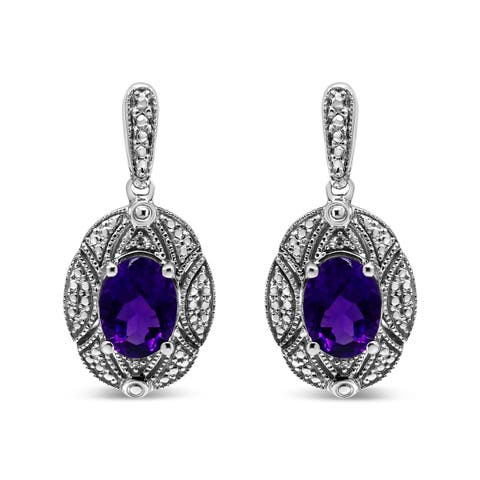 Silver Diamond Accent and 8x6mm Purple Oval Amethyst Stud Earrings