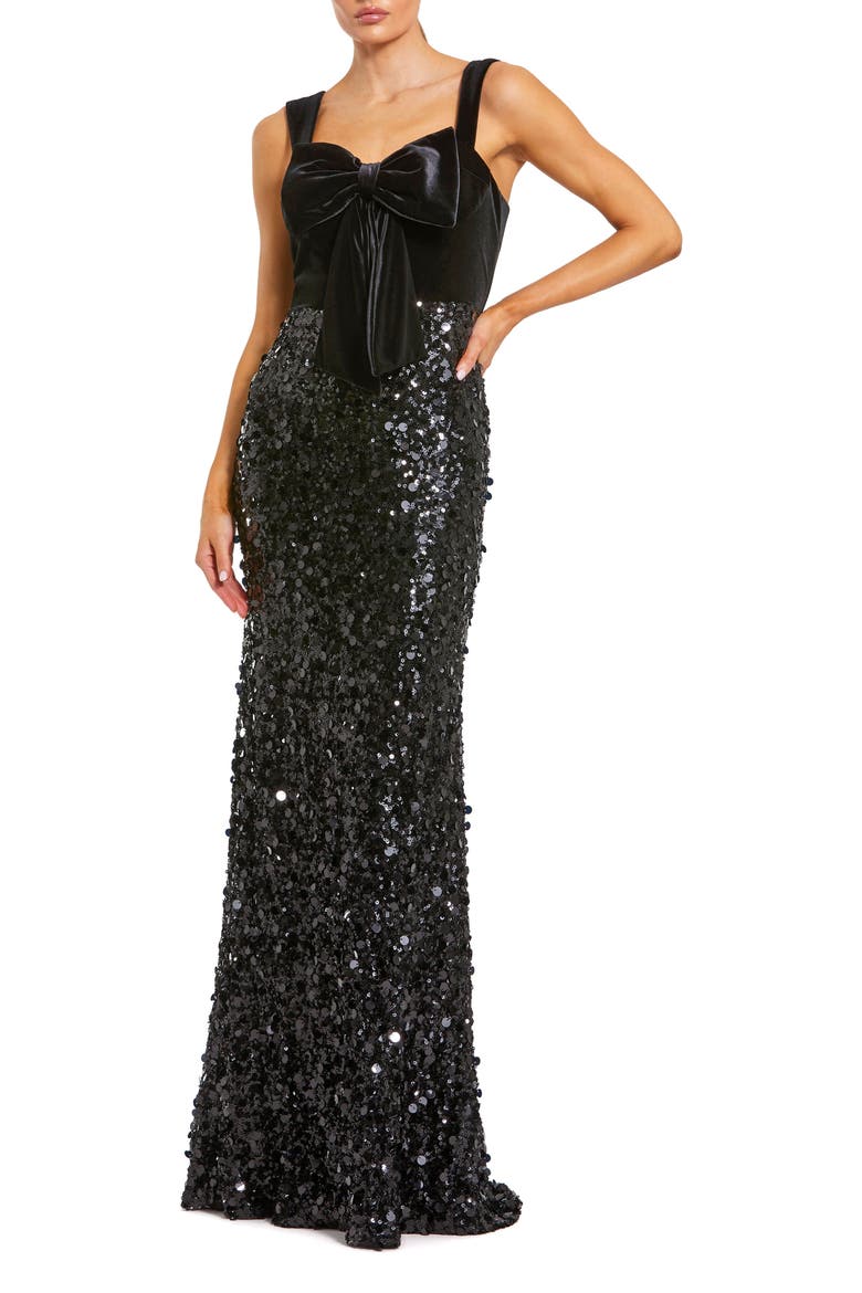 Sequin Column Gown with Velvet Bow Detail, Main, color, Black
