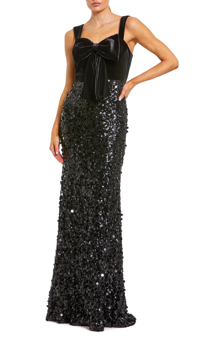 Mac Duggal Sequin Column Gown with Velvet Bow Detail, Main, color, Black