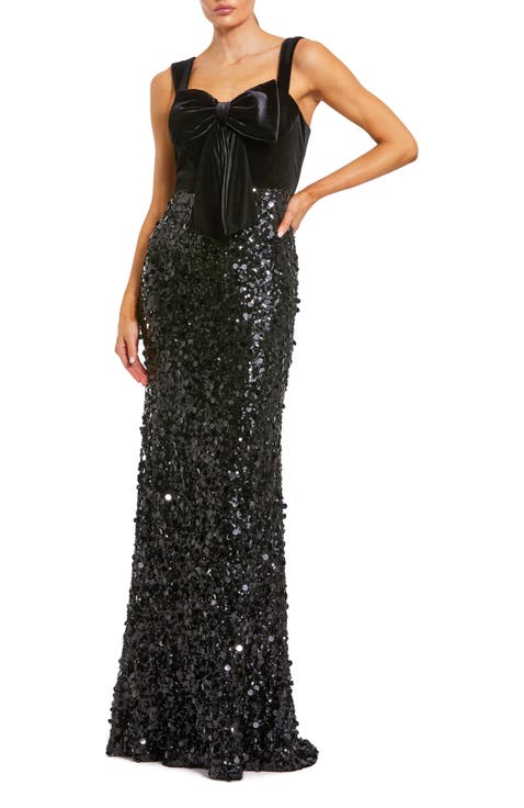 Sequin Column Gown with Velvet Bow Detail