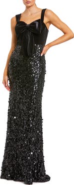 Mac Duggal Sequin Column Gown with Velvet Bow Detail