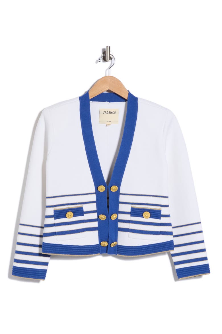 Catie V-Neck Knit Blazer, Alternate, color, WHITE/ NAVY/ GOLD