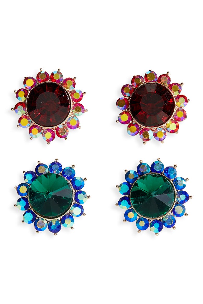 2-Pack Crystal Flower Stud Earrings, Main, color, RED/EMERALD