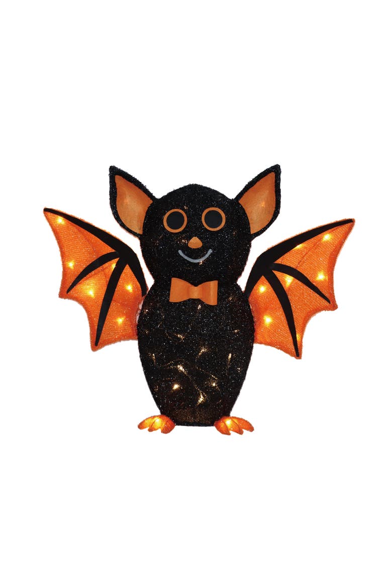 21" Black Halloween Bat with Orange Wings, Modern Indoor/Outdoor Decoration, Ground Freestanding, Halloween, Polyester, Black, Requires 3 AA Batteries, Main, color, Black