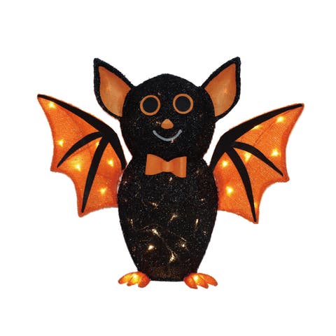 21" Black Halloween Bat with Orange Wings, Modern Indoor/Outdoor Decoration, Ground Freestanding, Halloween, Polyester, Black, Requires 3 AA Batteries