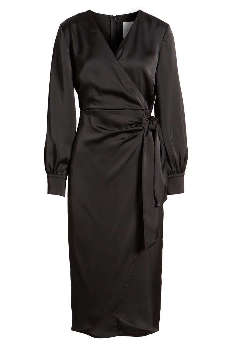 Fluid Long Sleeve Satin Faux Wrap Midi Dress, Alternate, color, BLACK