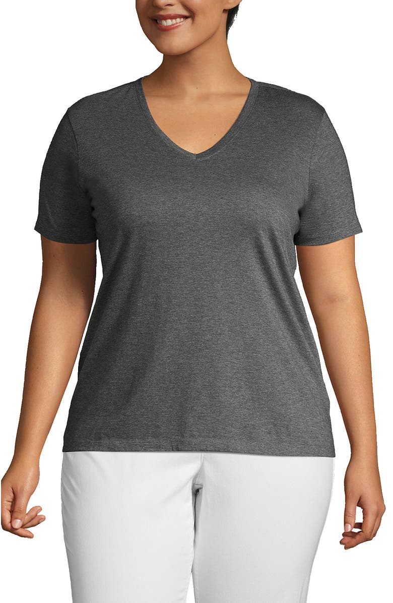 Lands' End Plus Size Supima Cotton V-Neck T-Shirt, Main, color, Charcoal Heather