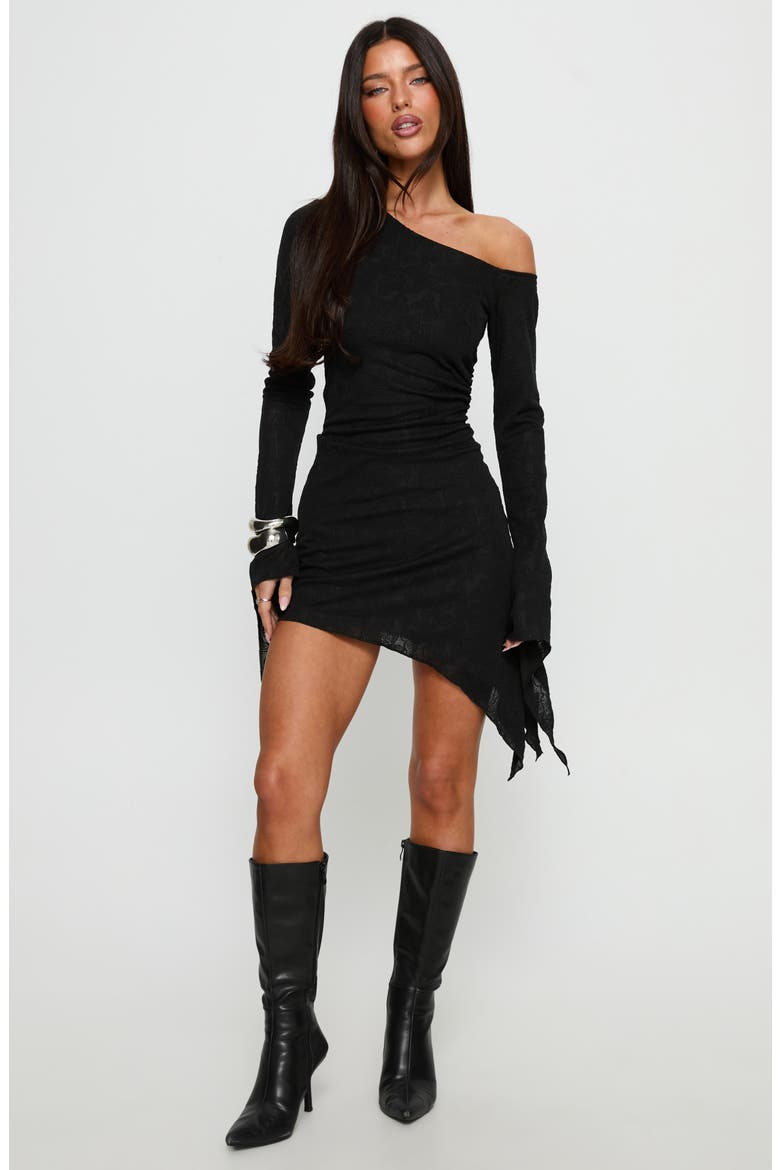Face Card One-Shoulder Long Sleeve Asymmetric Minidress, Alternate, color, BLACK