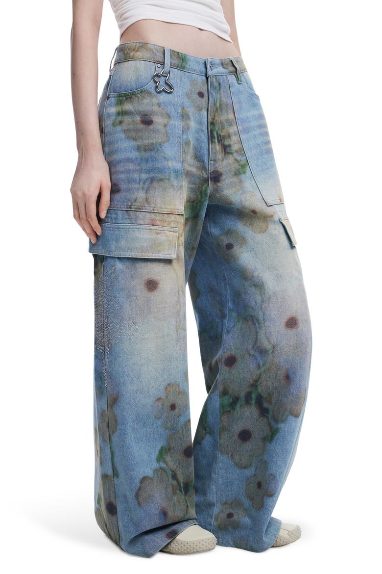 Flower Print Cargo Jeans, Alternate, color, LIGHT BLUE