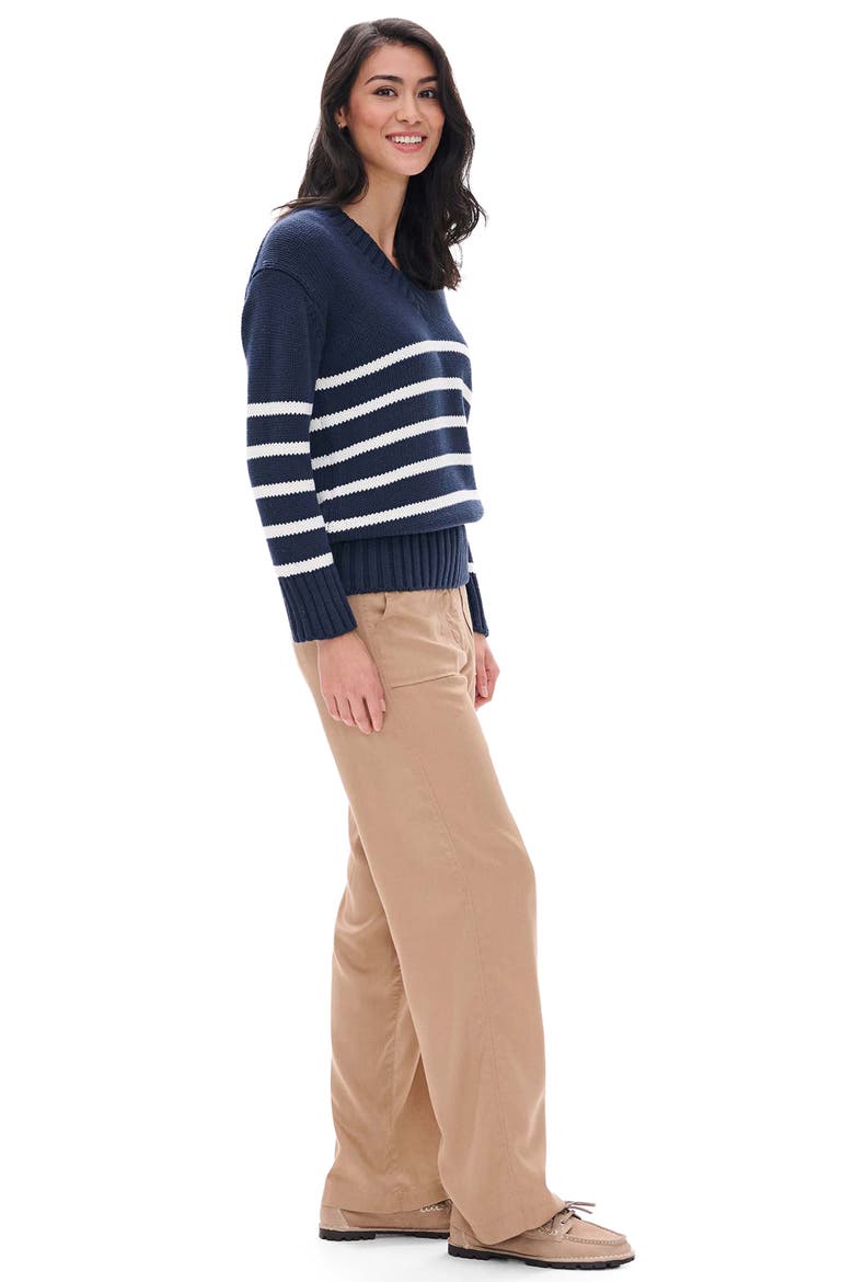 Stripe Cotton & Cashmere V-Neck Sweater, Alternate, color, NAVY
